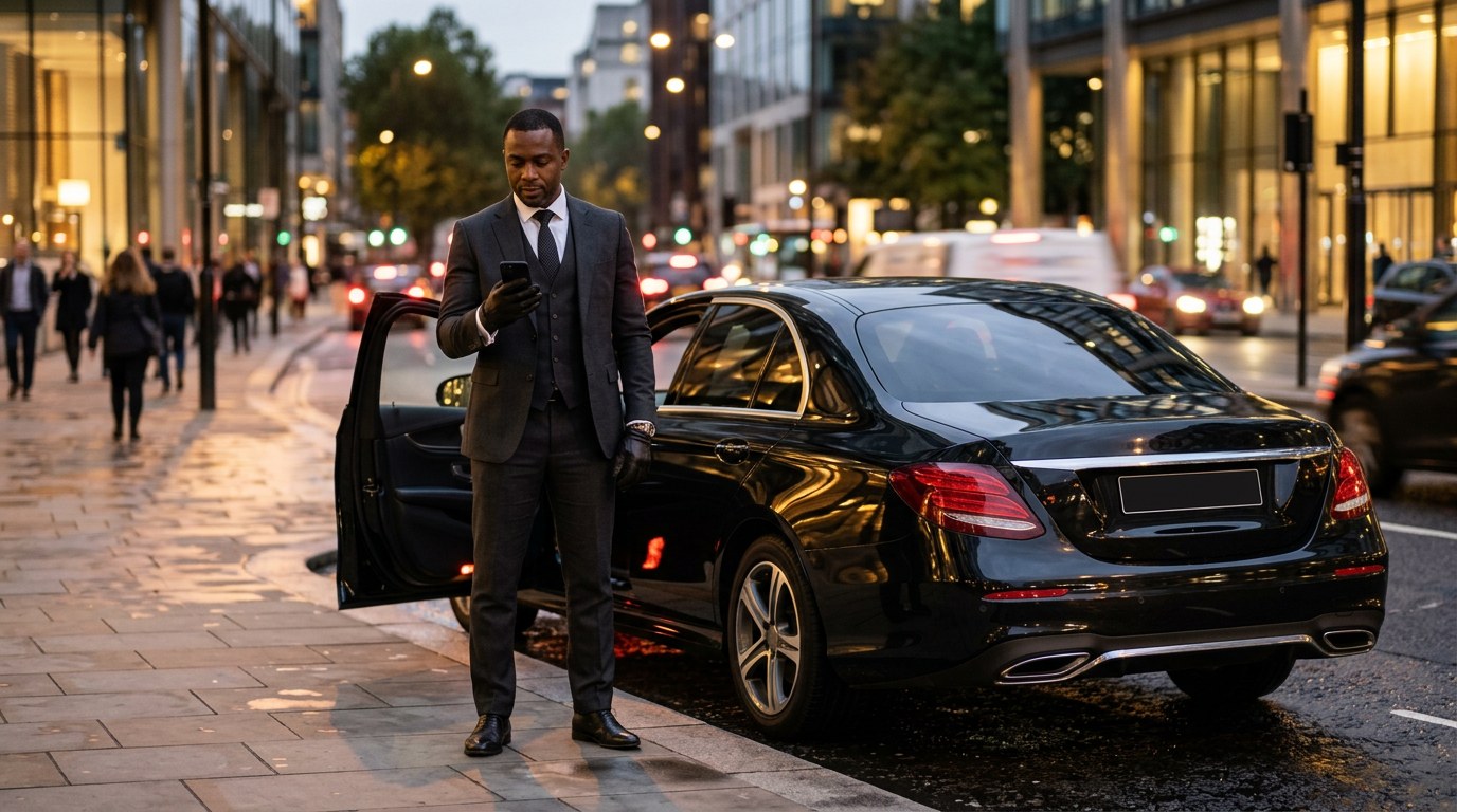 Independent chauffeur in a suit checking farm-in trip requests on his phone beside his own black sedan on a city street at dusk