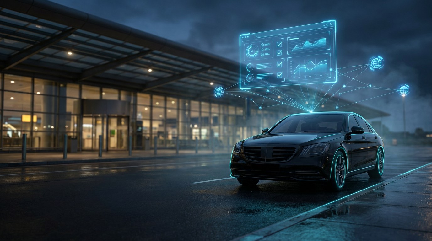 Black executive sedan at an airport terminal at dusk with a holographic AI data panel above it, representing AI agents booking ground transportation