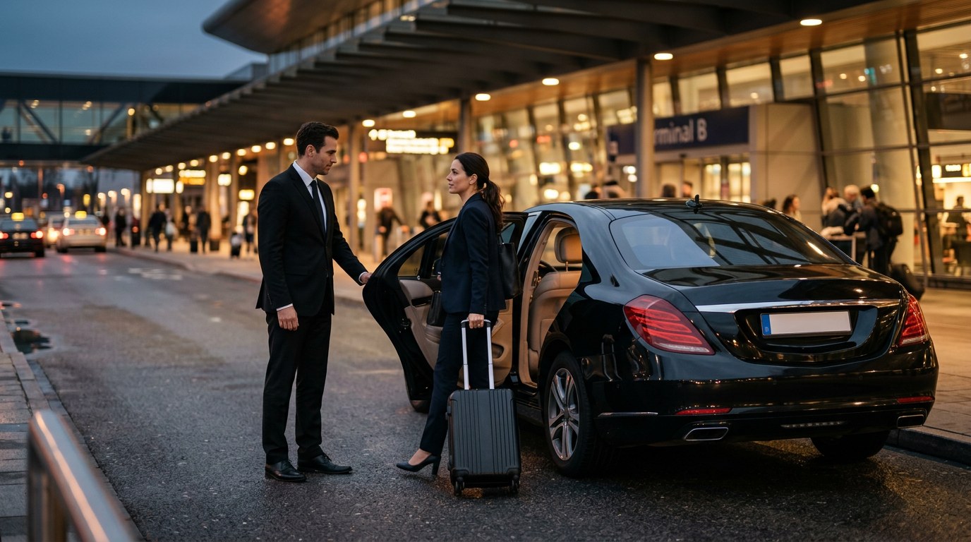 Chauffeur opening the door of a black luxury sedan for a business traveler at an airport terminal at dusk