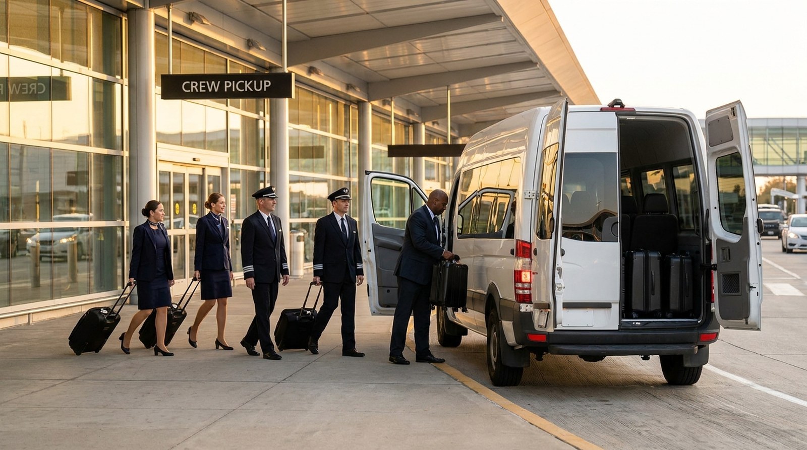 Airline flight crew with roller bags boarding a white crew transfer van at an airport terminal crew pickup curb