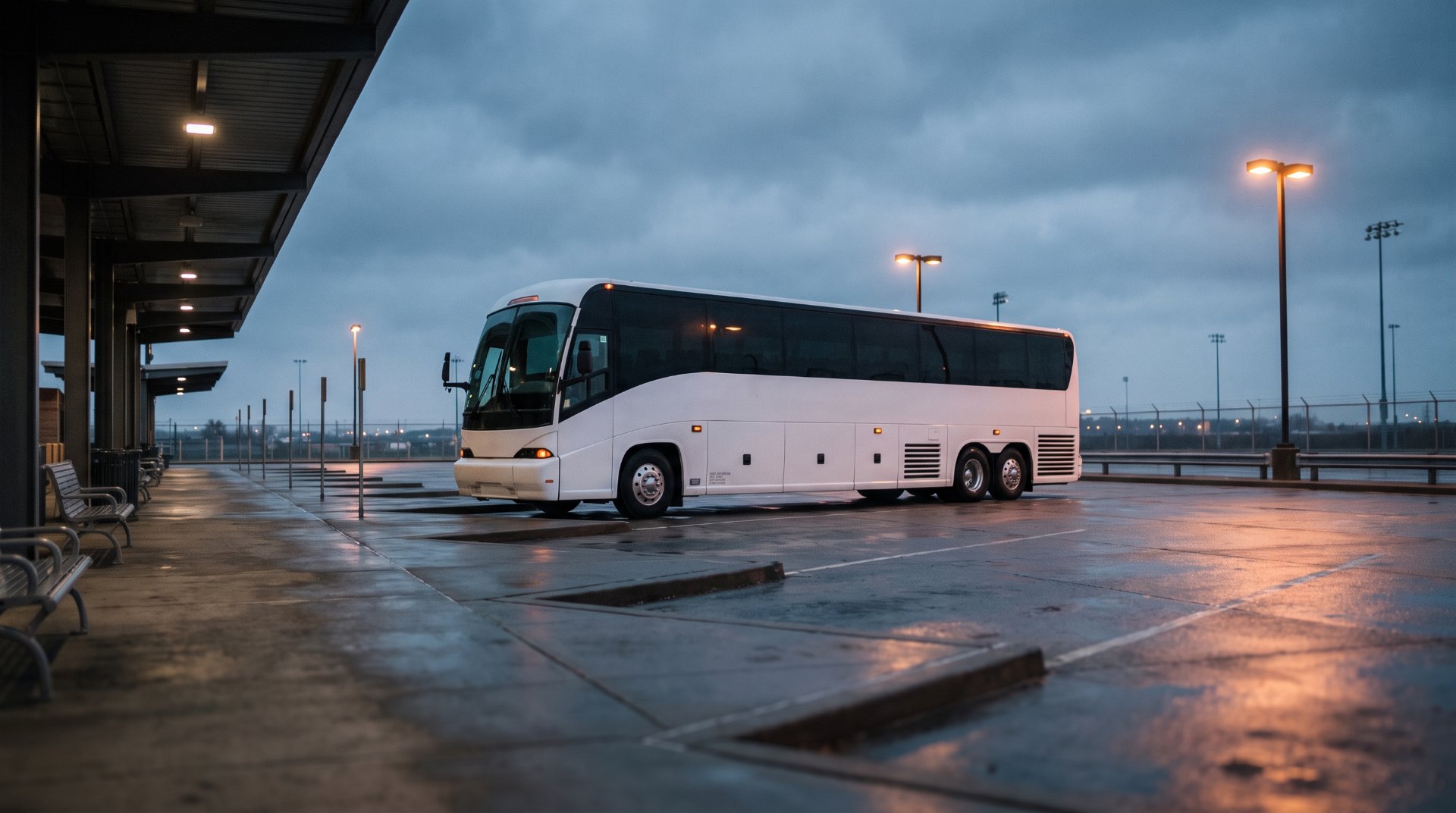 Motorcoach parked at an empty depot at dusk, illustrating farm-out liability for ground transportation operators