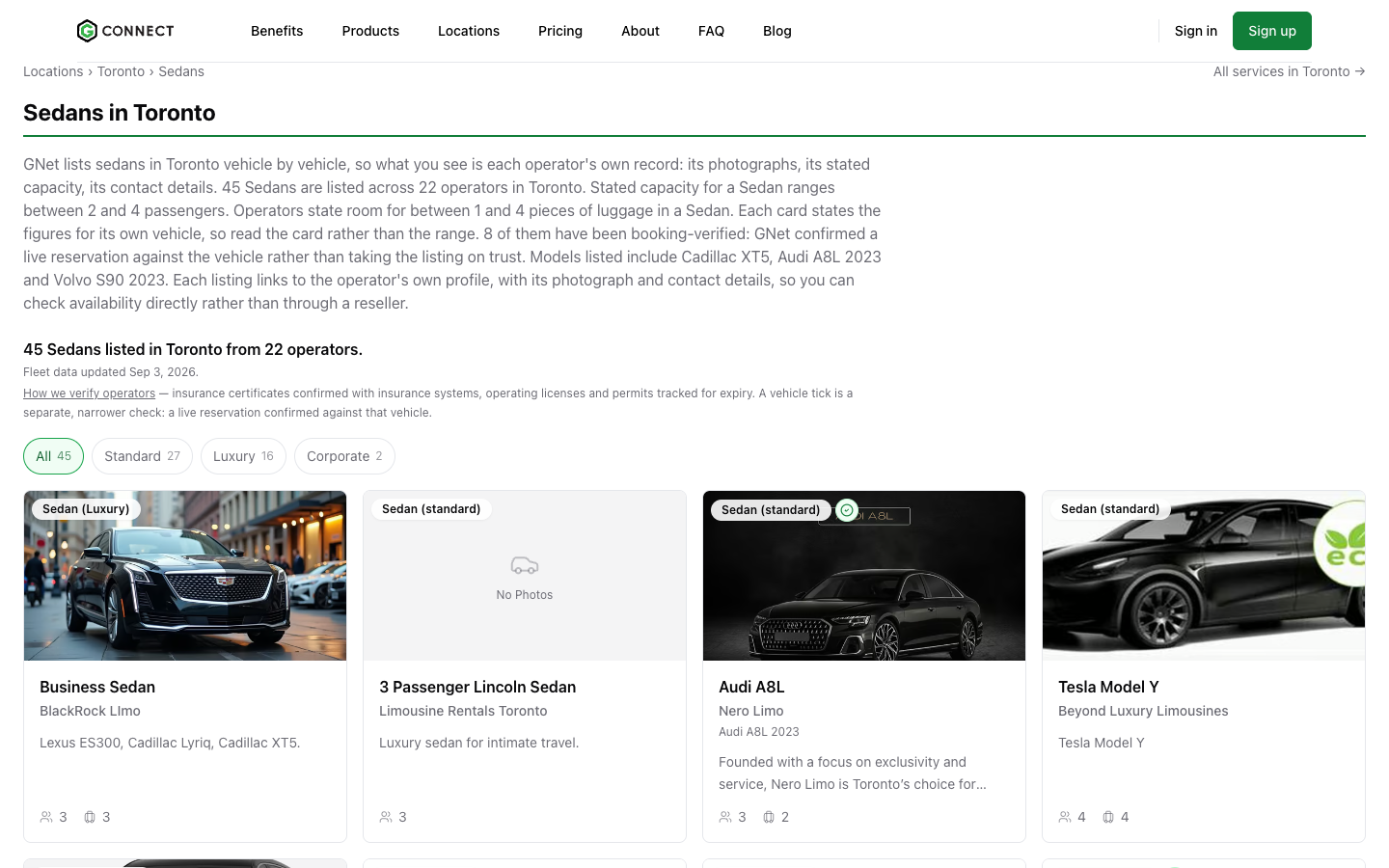Sedans in Toronto: the fleet page lists 45 vehicles from 22 operators, with photos, capacity, and a booking-verified tick