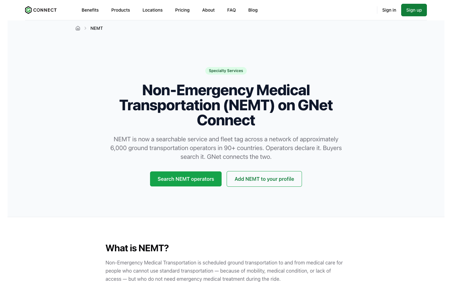 The new NEMT page, with buttons to search NEMT operators or add NEMT to your profile
