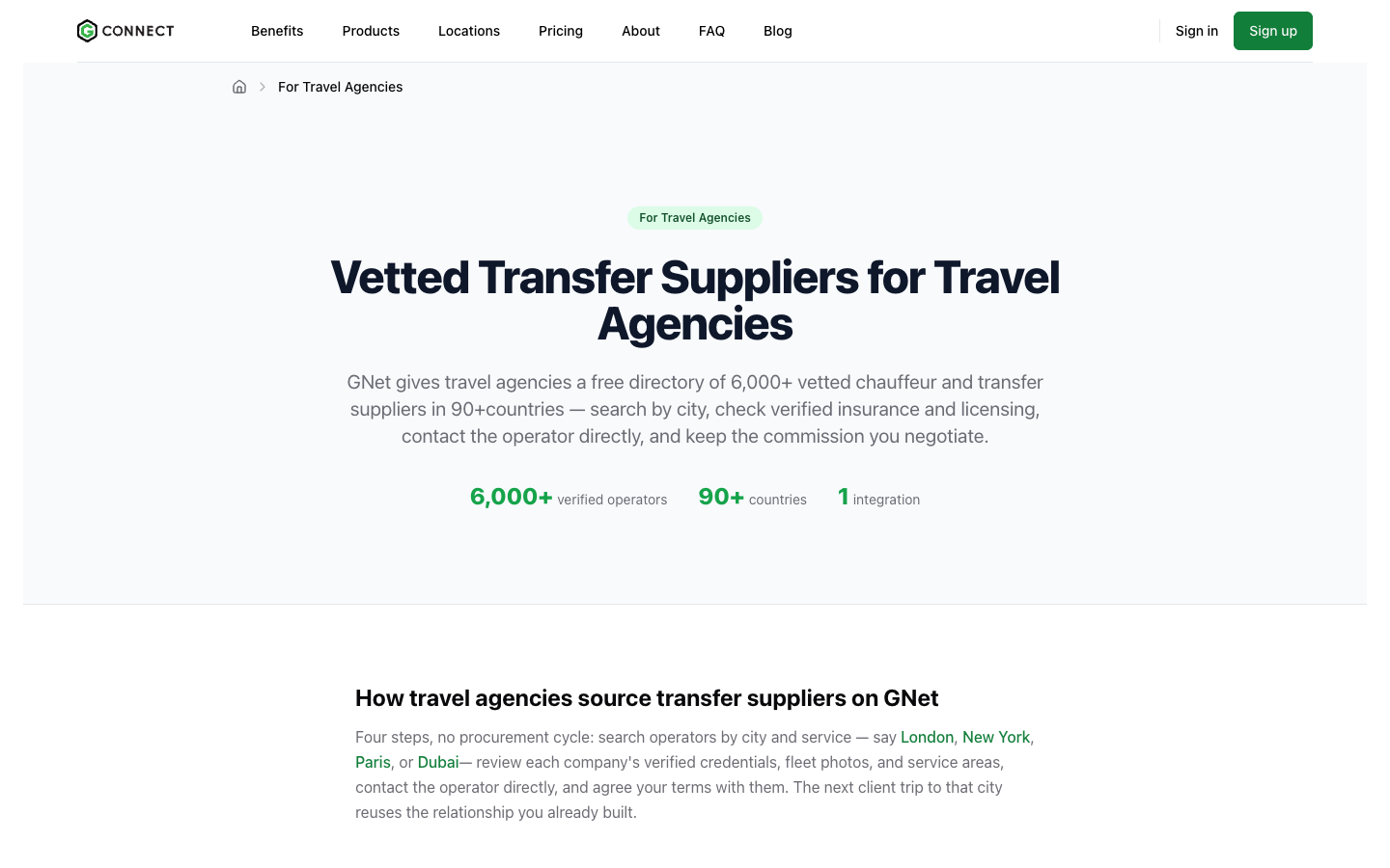 Transfer suppliers for travel agencies, one of four new buyer-segment pages
